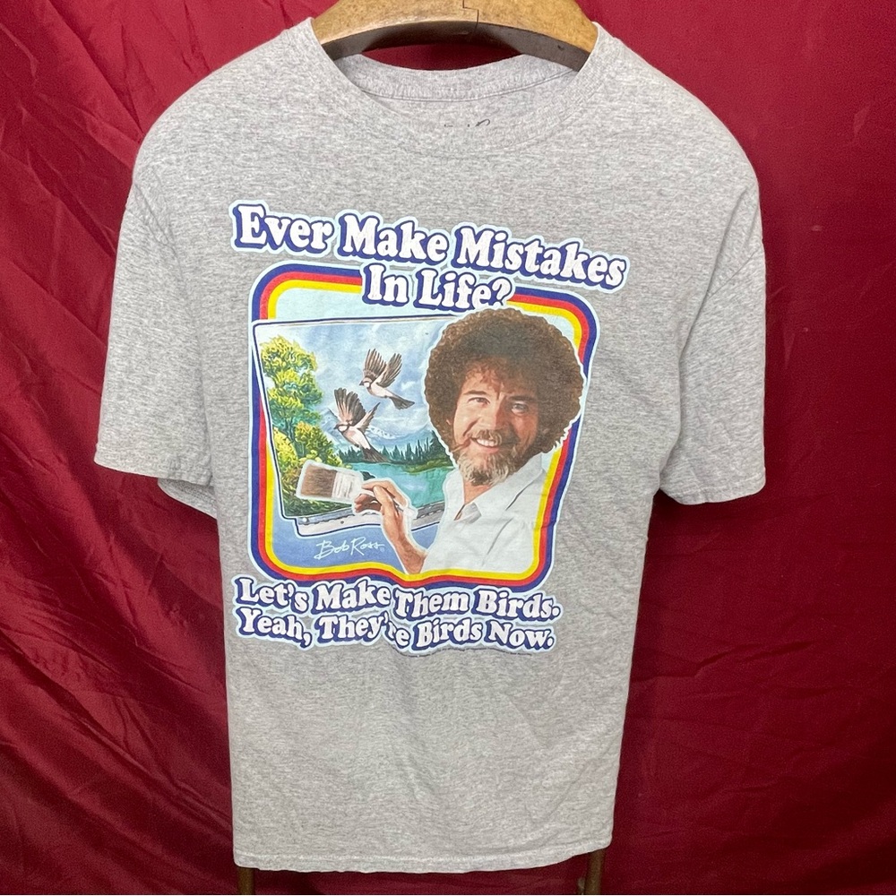 Bob Ross “Let’s Make Mistakes Into Birds” Funny Graphic Art Tee Large